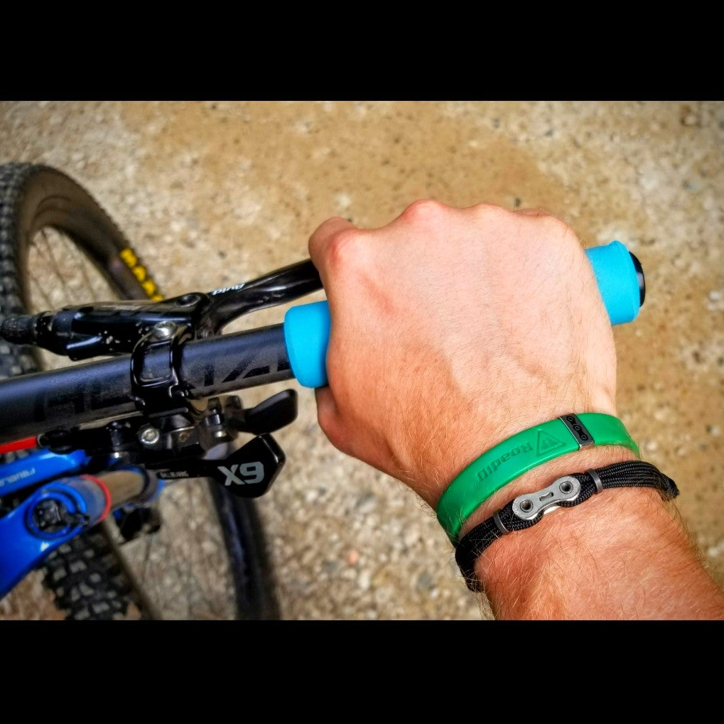 Biker wearing Upcycled reclaimed bike chain black paracord bracelet cyclist gift